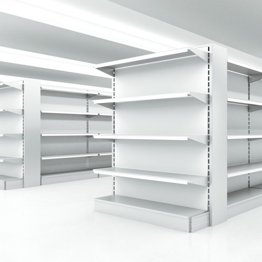 white clean shelves in market. 3d render